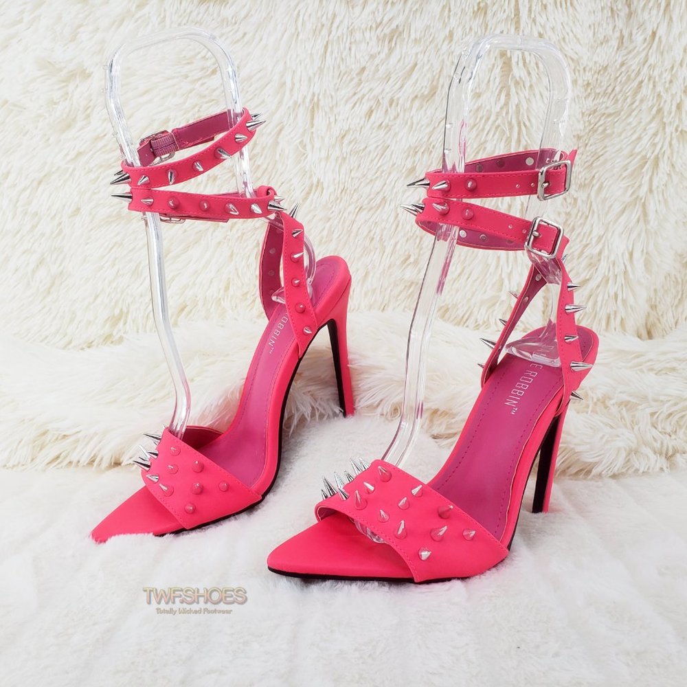 Hot Pink Spike Stud Double Strap High Heel Shoes - Picture 4 of 16